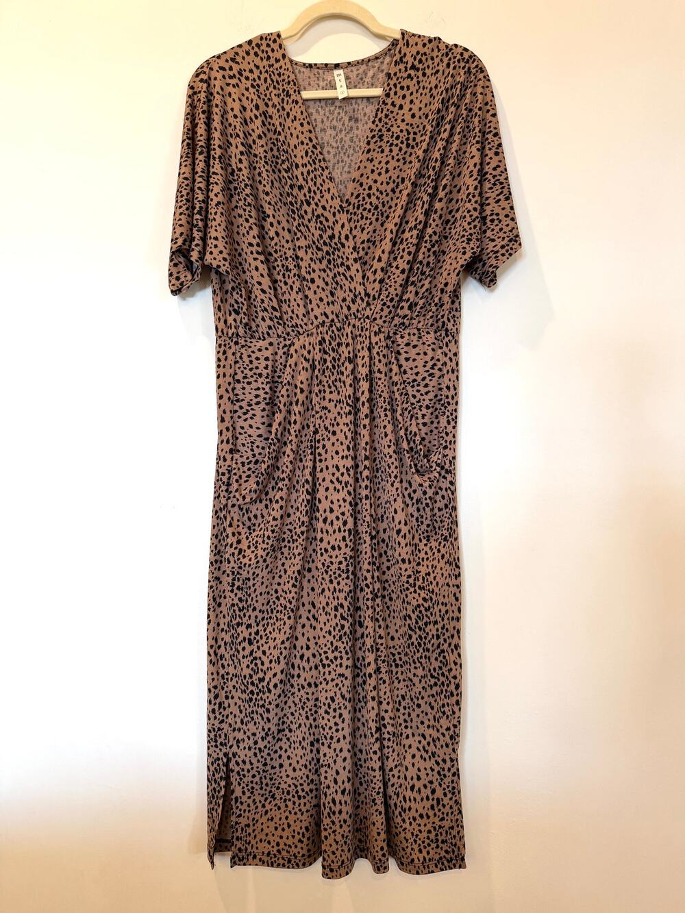 Faux Wrap Animal Print midi dress v neck pockets L brown black slinky stretch